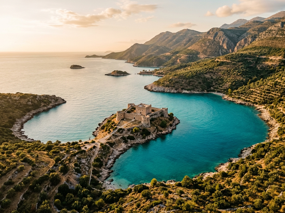 Porto Palermo castle on a small peninsula jutting into a perfectly circular turquoise bay, Albanian Riviera