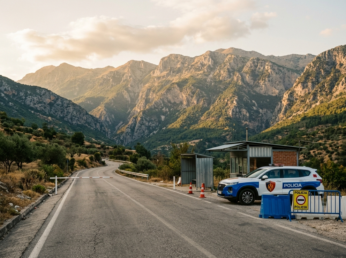 Albanian police checkpoint on a main road with mountains in the background