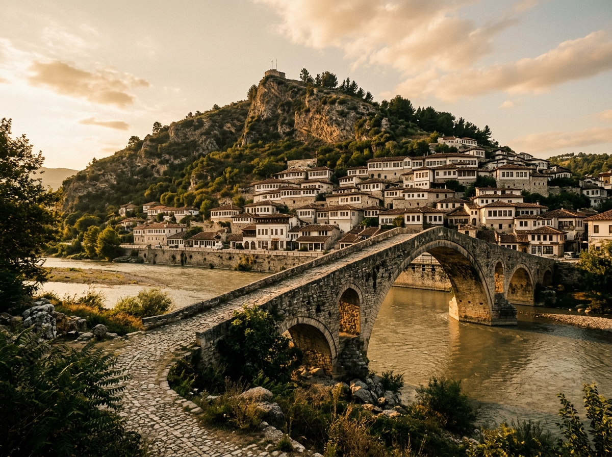 View across the Osum River toward the Mangalem quarter with Ottoman bridge in the foreground, Berat