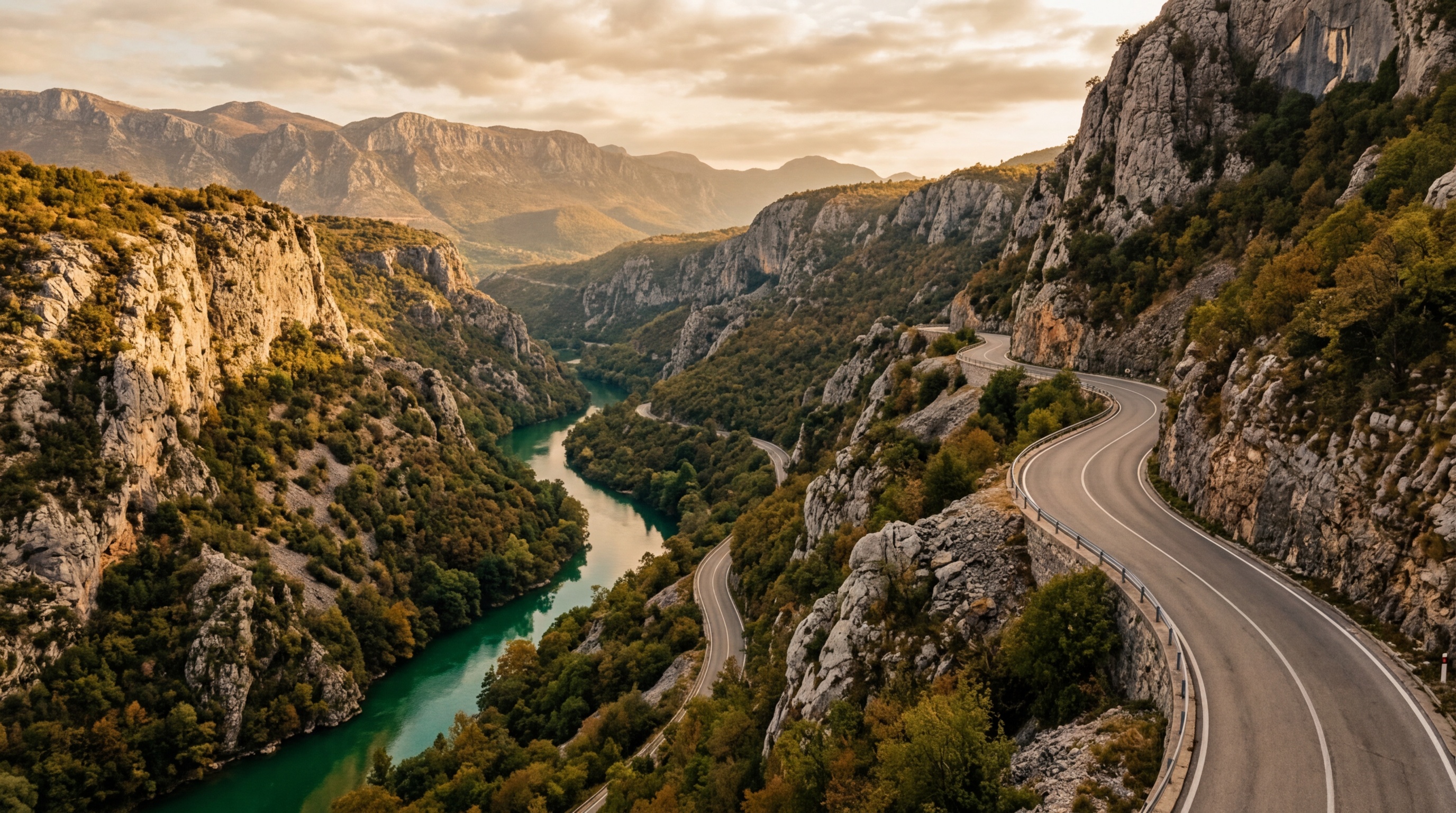 Mountain road through a Bosnian canyon with emerald river below