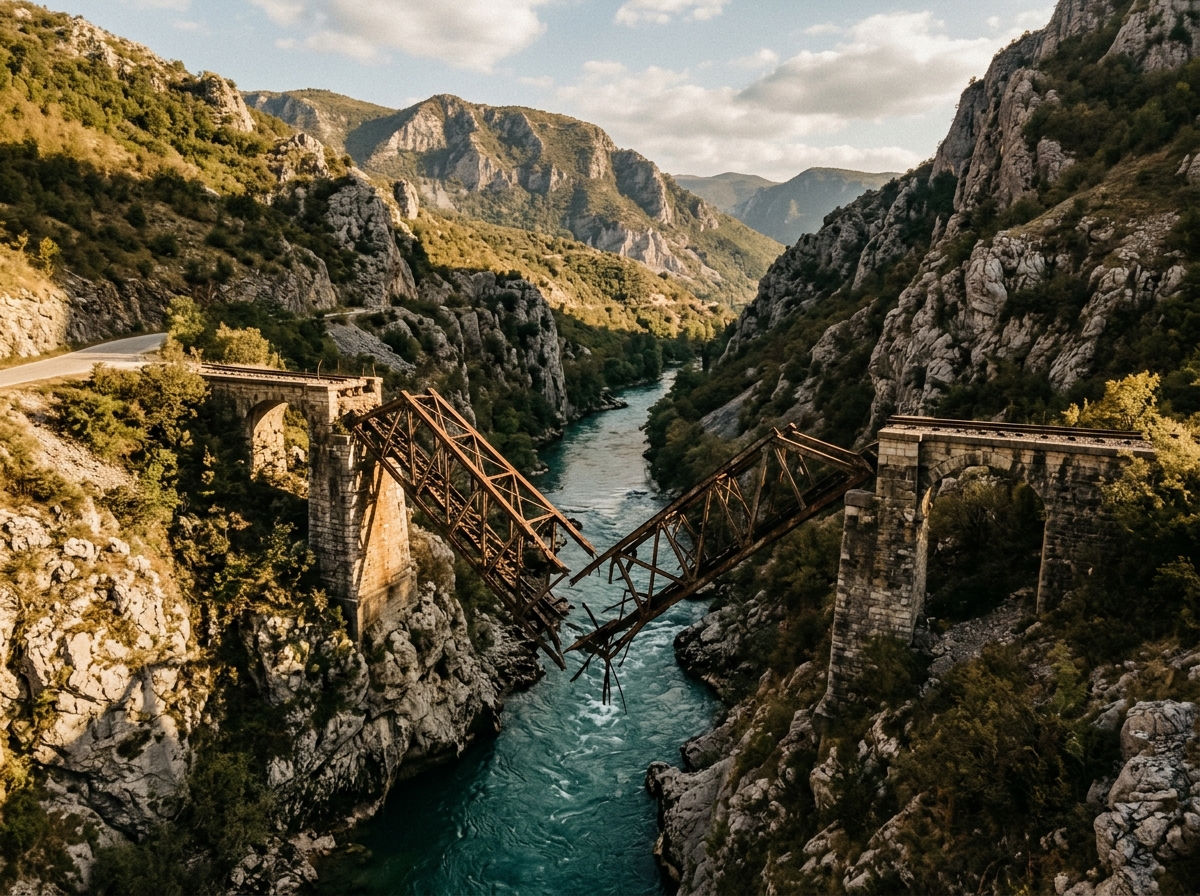 Ruins of the destroyed WWII railway bridge over the Neretva River near Jablanica, with steep canyon walls on both sides