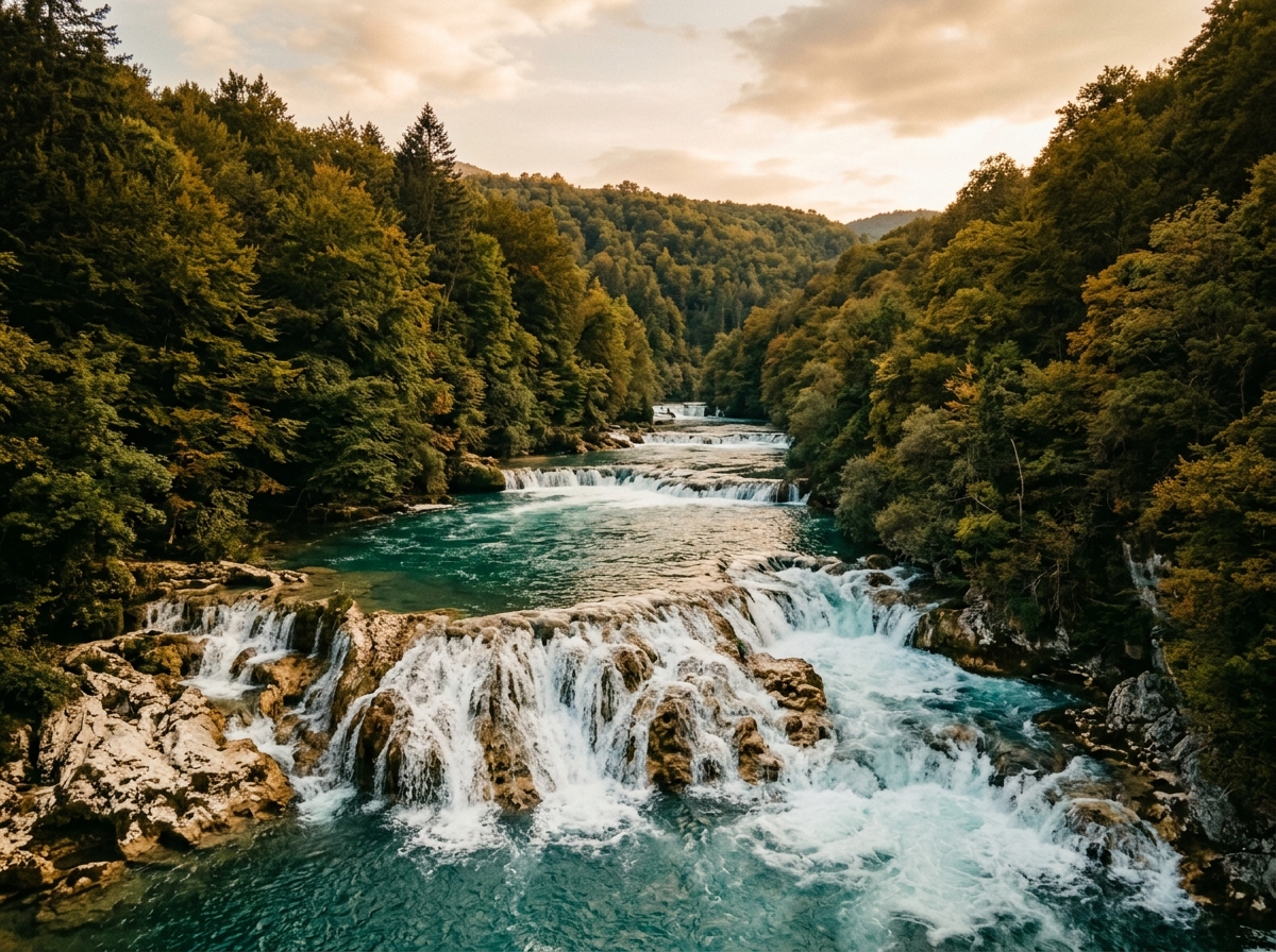 Turquoise Una River flowing over white travertine formations with dense forest on both banks near Martin Brod