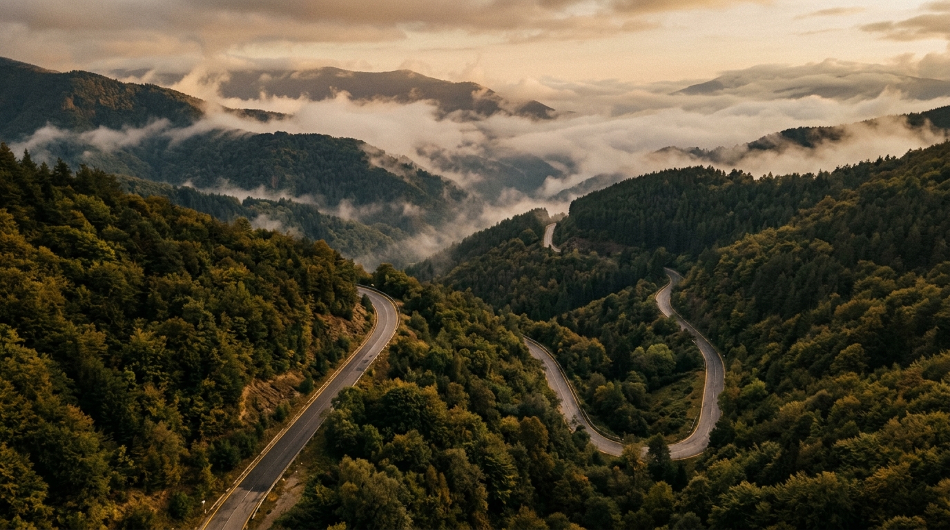 Mountain pass road through the Rhodope Mountains with forested slopes and low clouds
