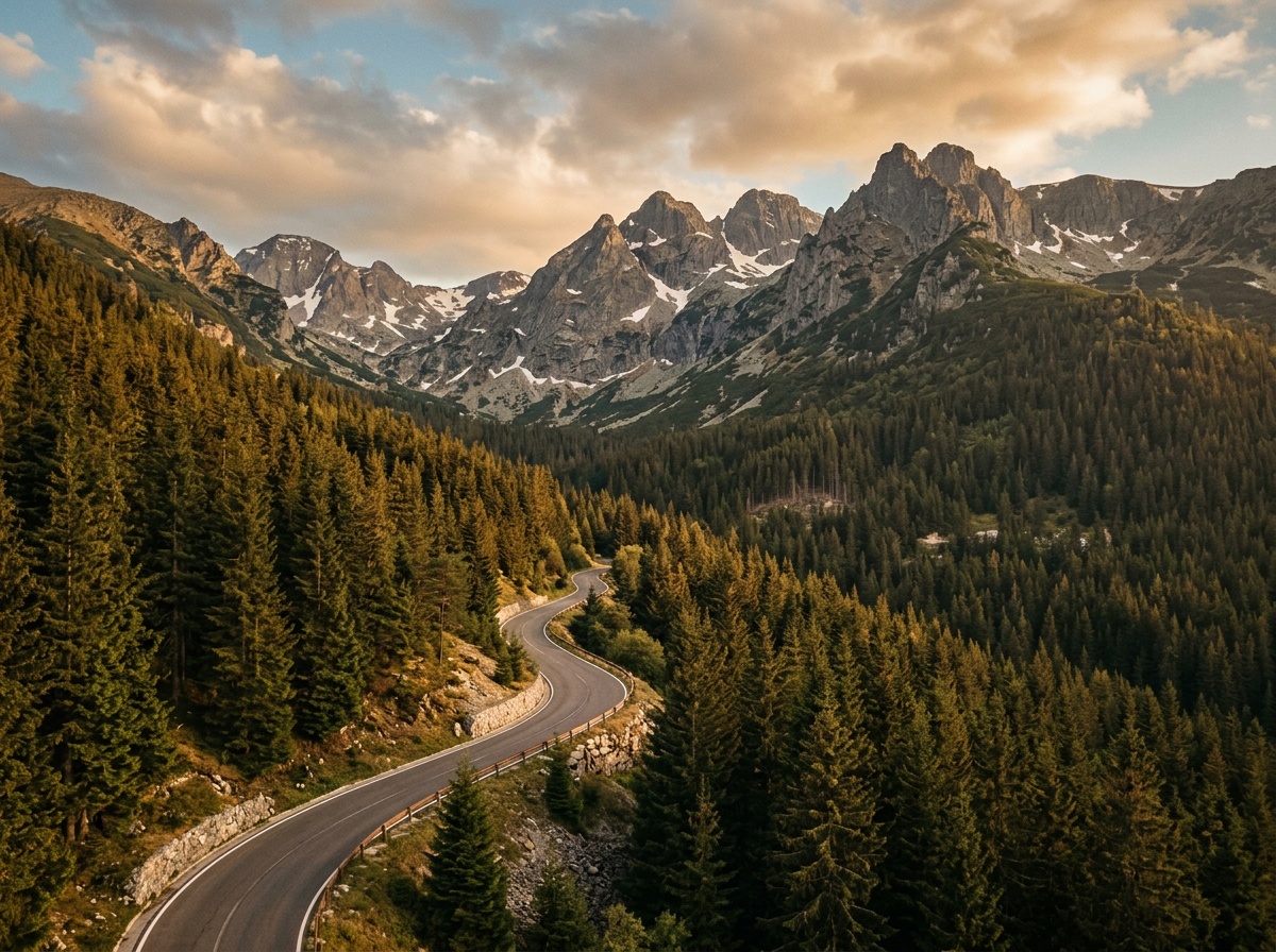 Mountain road winding through conifer forest in the Rila valley with steep rocky peaks visible above the tree line, Bulgaria