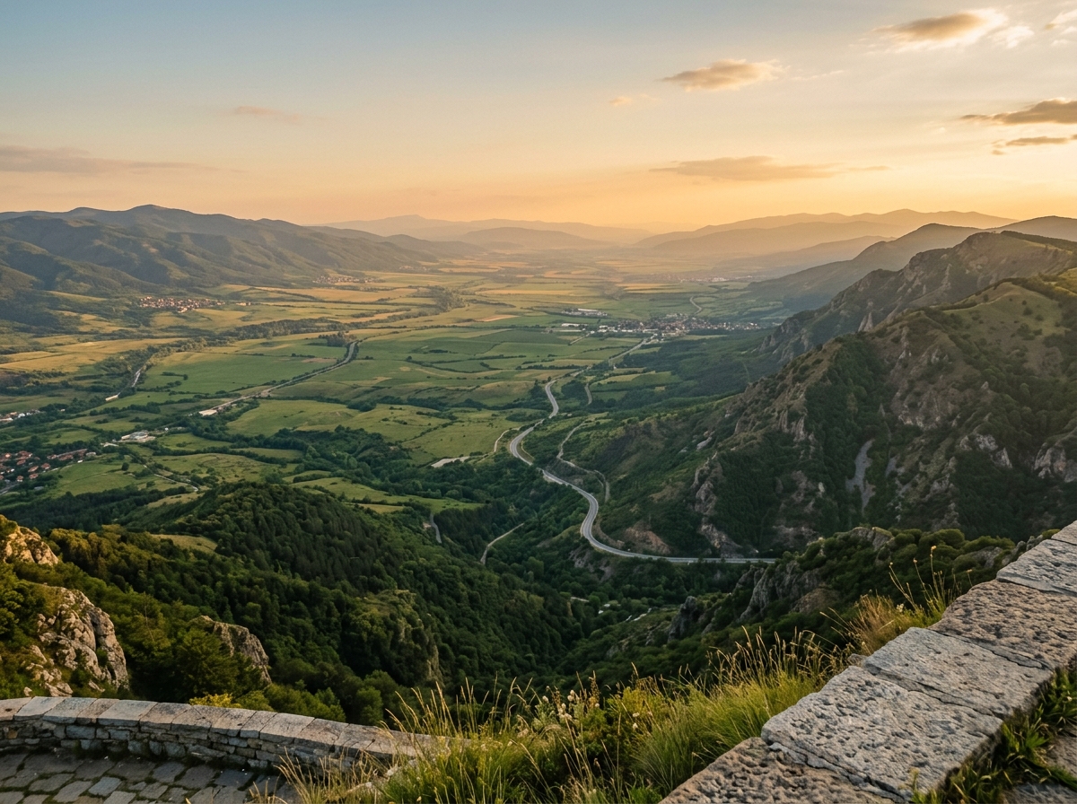 View from the Shipka Pass monument looking south over the Rose Valley with mountains on either side and green plains stretching into the distance