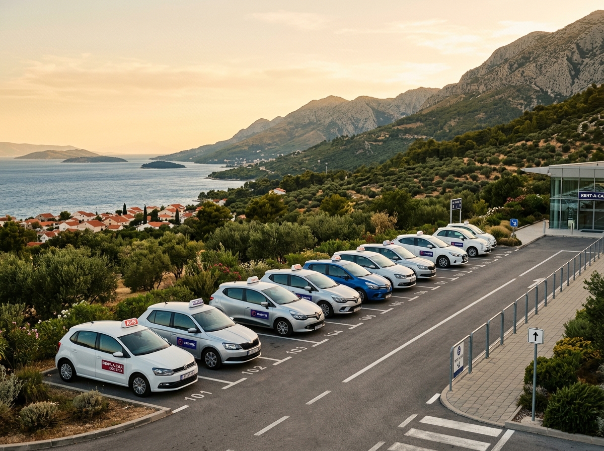 Row of rental cars at a Croatian airport pick-up area with Mediterranean landscape in the background