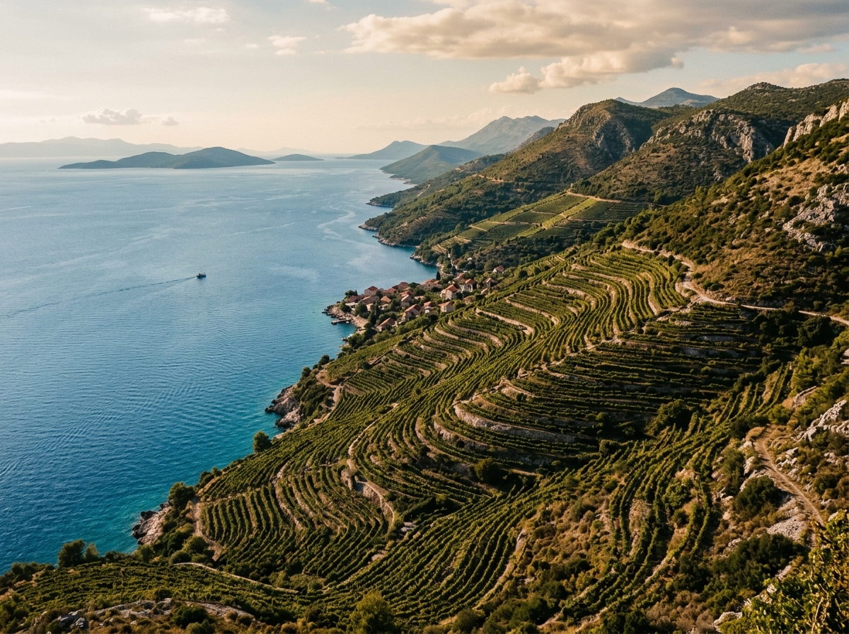 Vineyards on steep hillsides dropping toward the Adriatic Sea on the Peljesac peninsula, Croatia