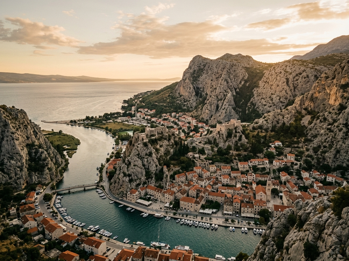 Panoramic view of Omis town at the mouth of the Cetina River canyon with Adriatic Sea beyond, Croatia
