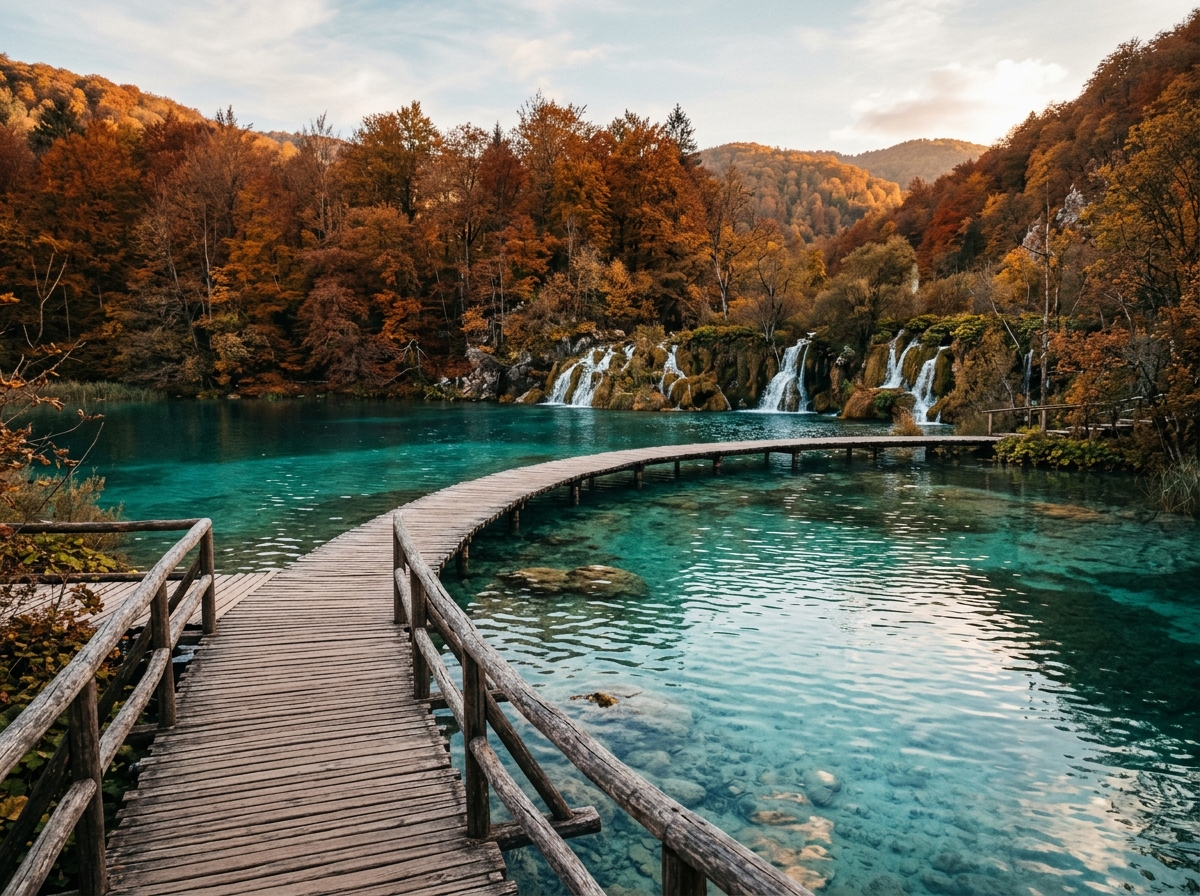 Wooden boardwalk path winding over crystal-clear turquoise lake with small waterfalls in autumn forest