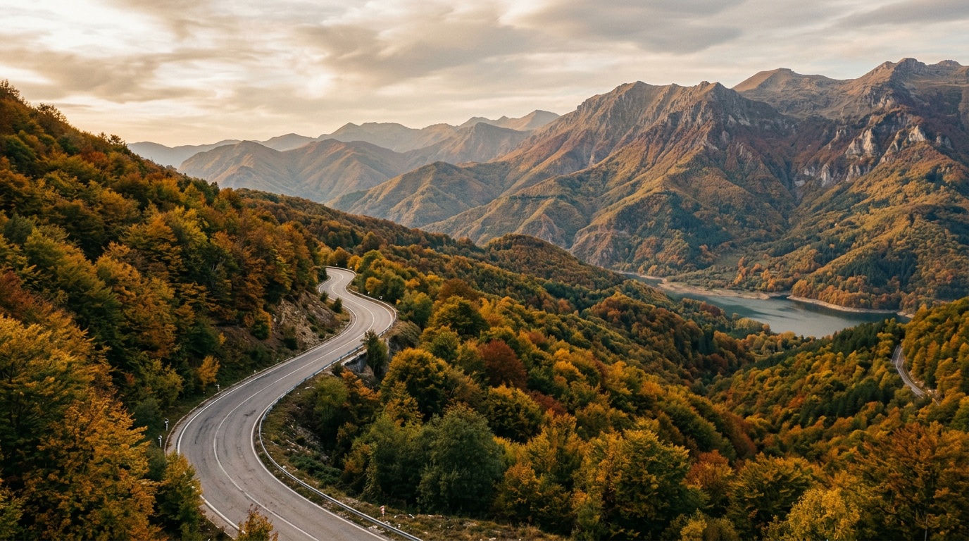 Winding road through Mavrovo National Park with mountain ridges and autumn forest