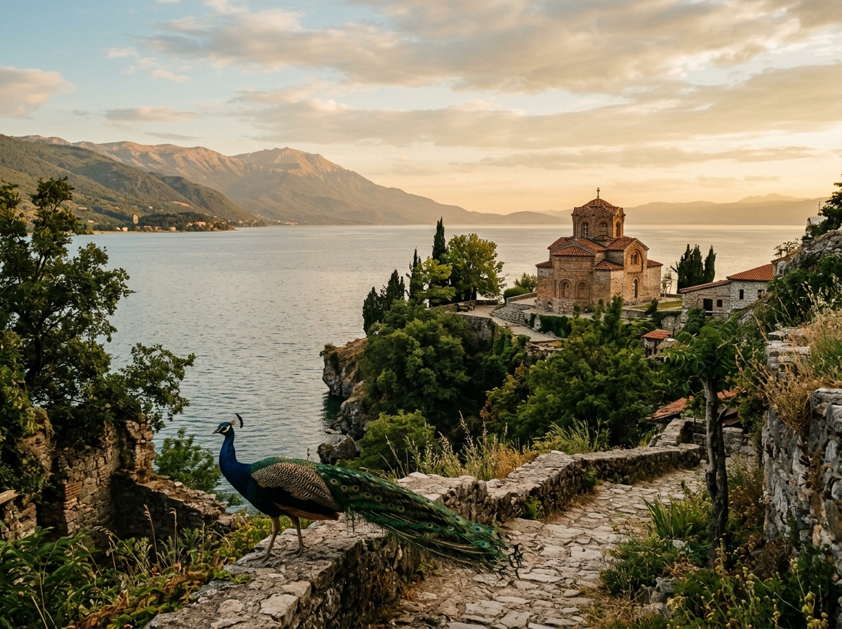 Sveti Naum Monastery perched above the shore of Lake Ohrid with peacock in the foreground and mountains across the lake