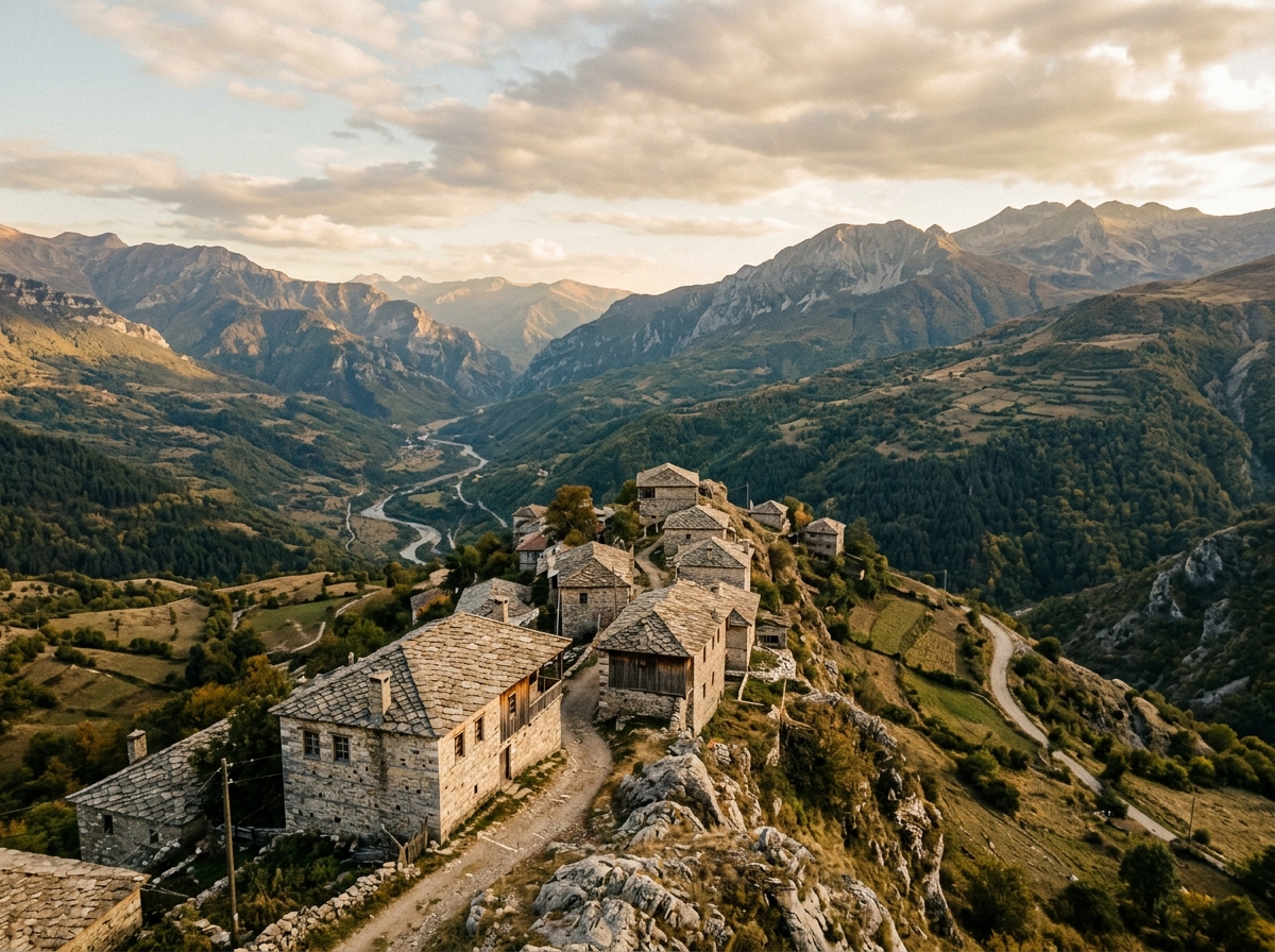 Stone houses of Galicnik village perched on a mountain ridge with panoramic view of the Radika valley and distant mountains in North Macedonia