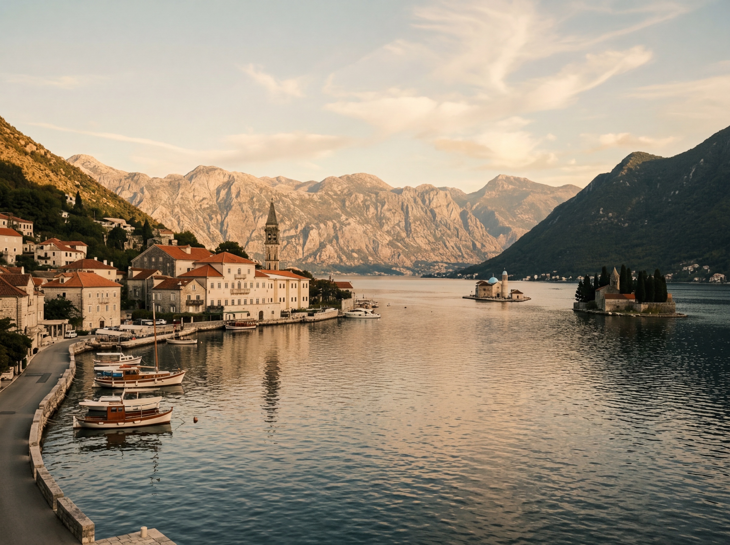 View of Perast waterfront with Baroque buildings and two small islands floating in the Bay of Kotor