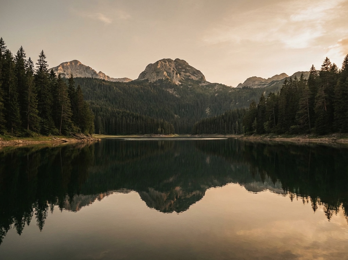 Black Lake with perfect mountain reflections surrounded by dense pine forest in Durmitor National Park