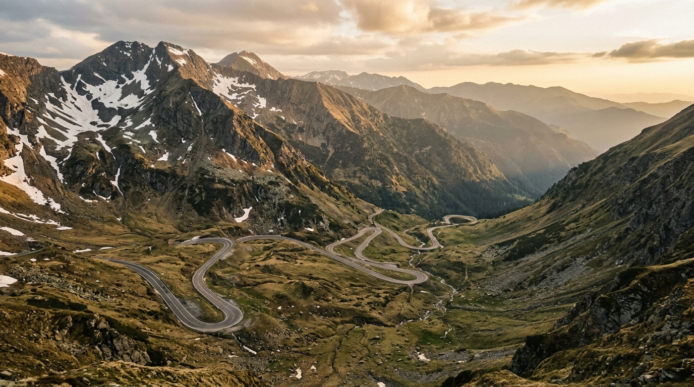 Transfagarasan highway winding through high Carpathian peaks with patches of snow and alpine meadows