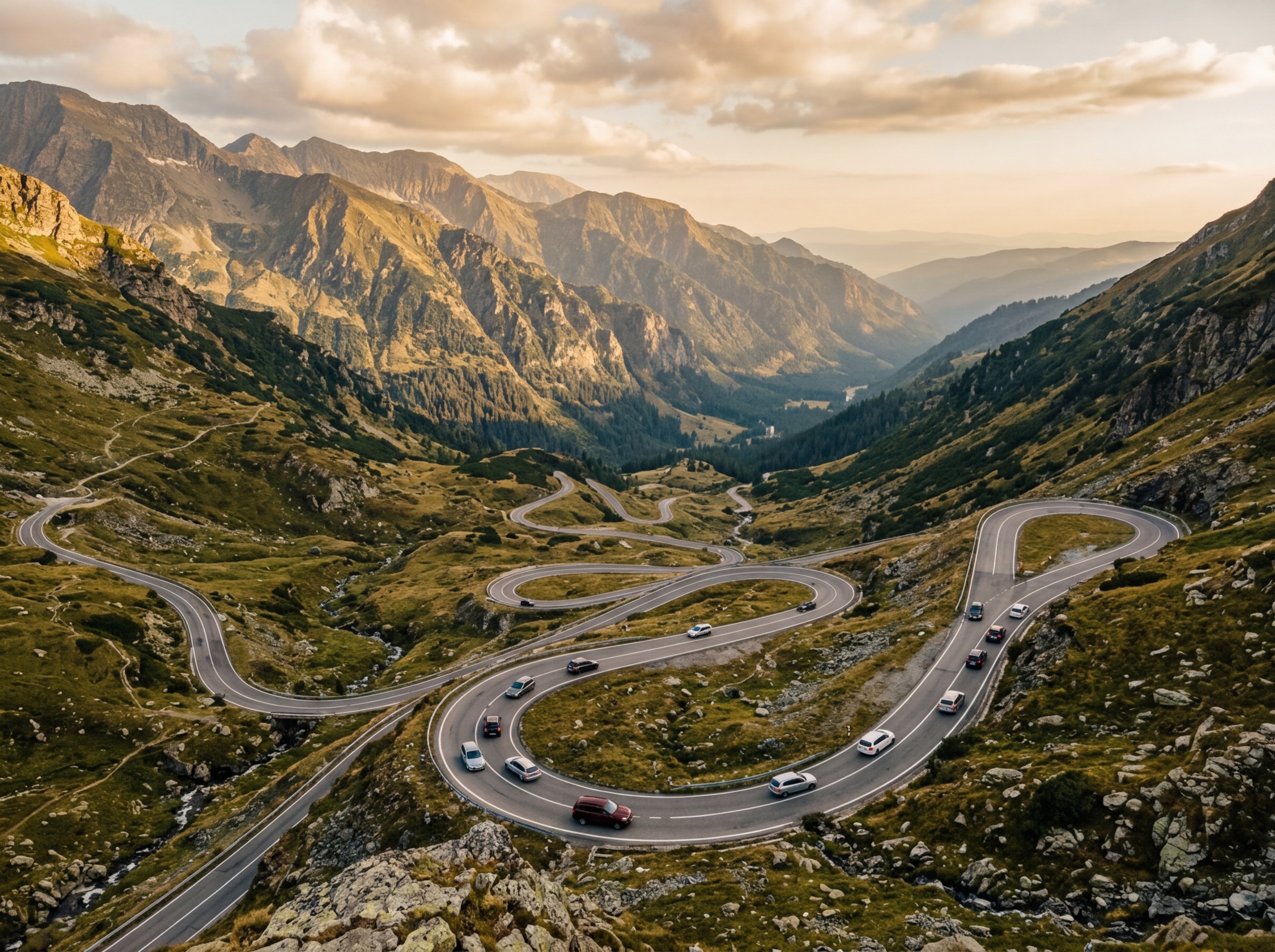 View looking down the hairpin switchbacks of the Transfagarasan south face with cars winding through the turns and mountain valley stretching below