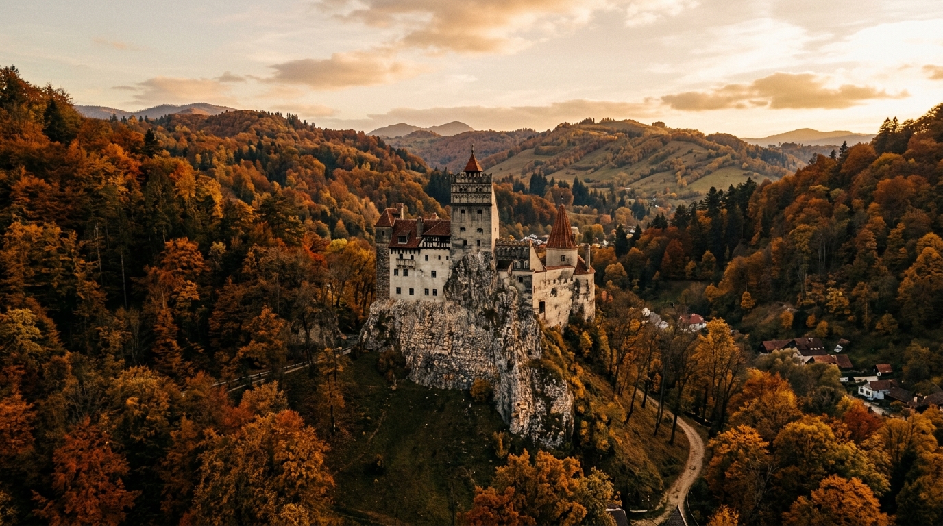 Bran Castle perched on a rocky hilltop surrounded by autumn-colored forest in Transylvania, Romania