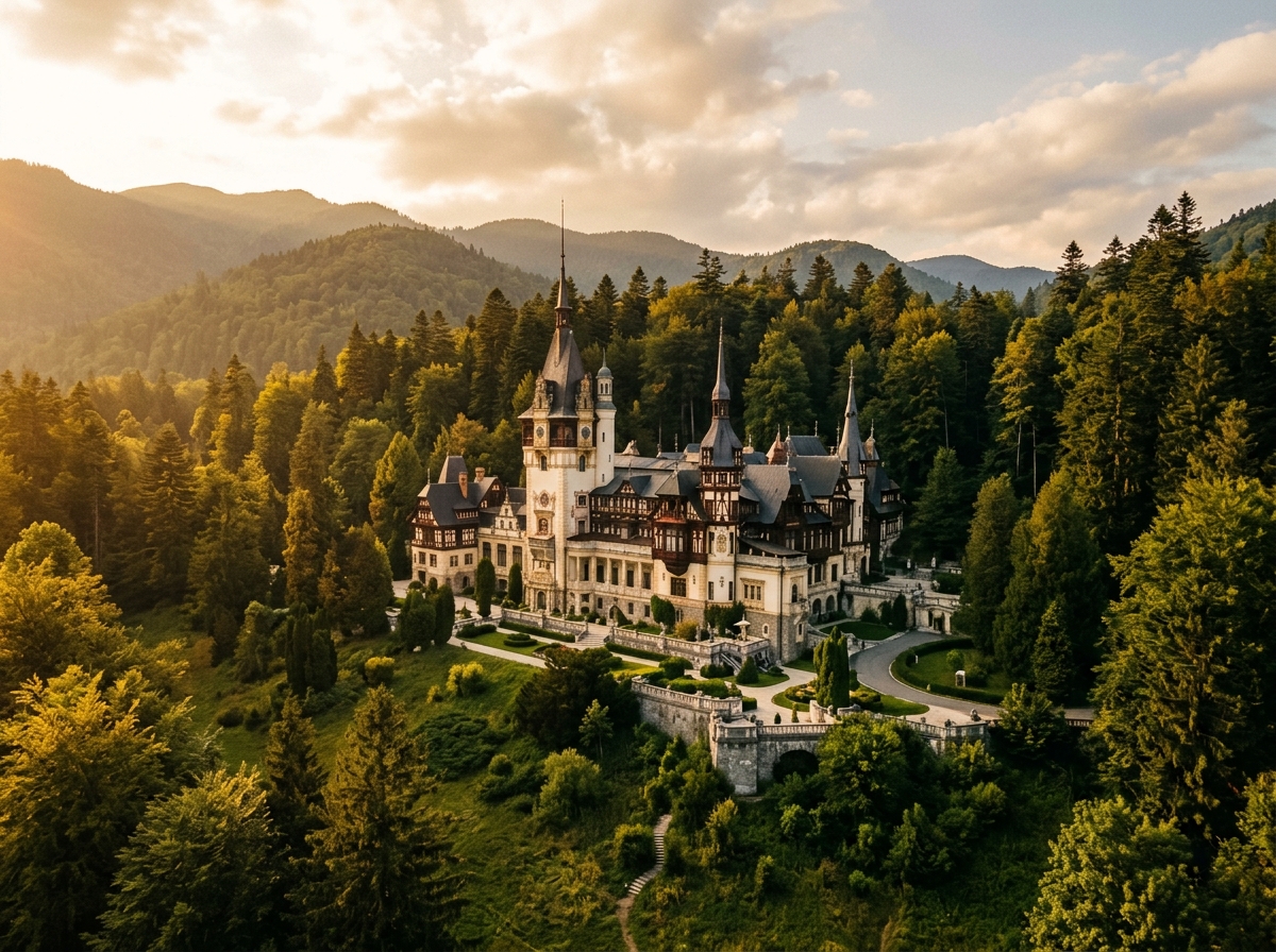 Peles Castle surrounded by dense Carpathian forest with ornate neo-Renaissance facade and towers, Sinaia, Romania