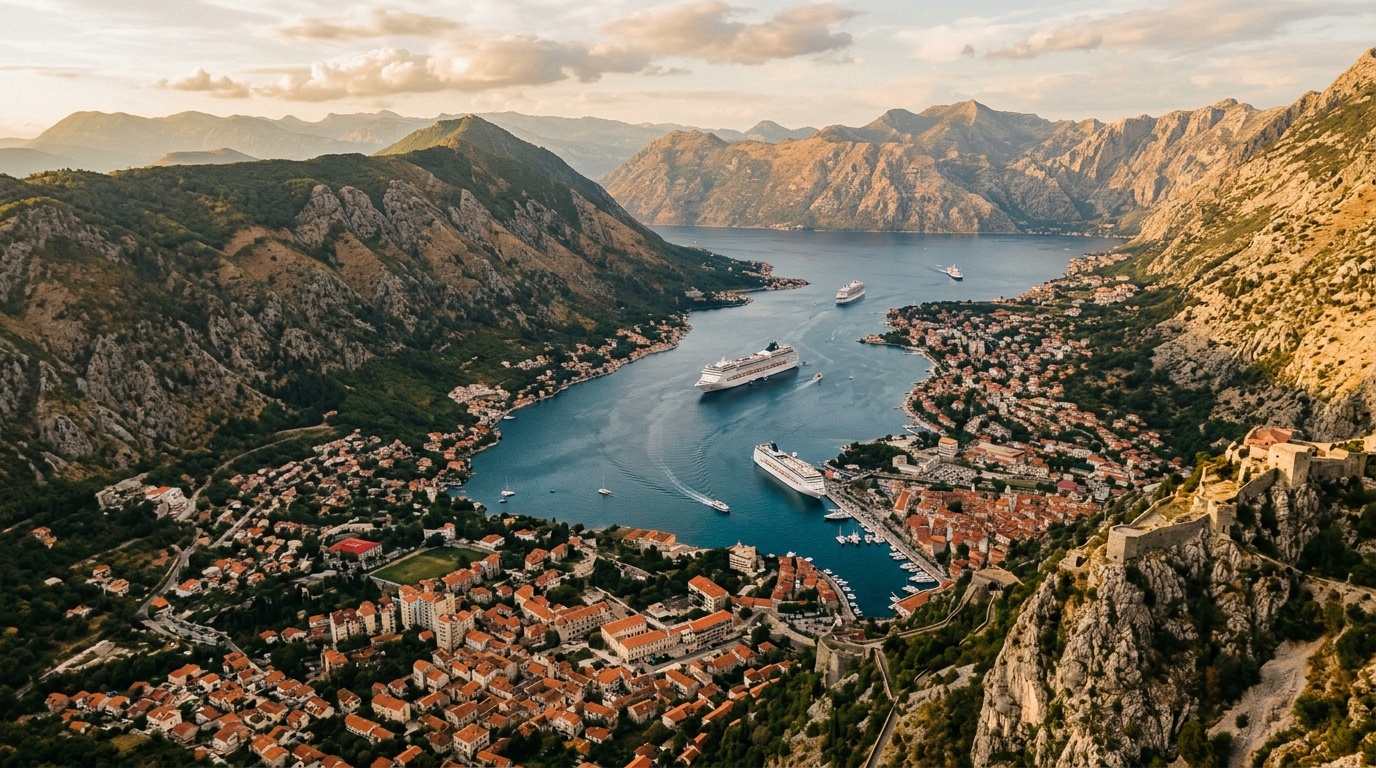 Aerial view of the Bay of Kotor with cruise ships and terracotta rooftops, Montenegro