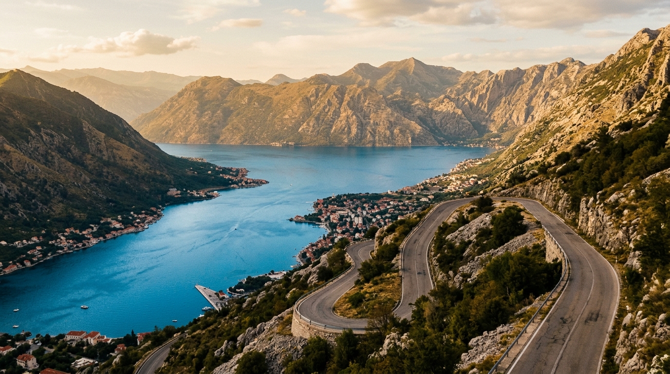 Winding road along the Bay of Kotor with blue water and mountains, Montenegro