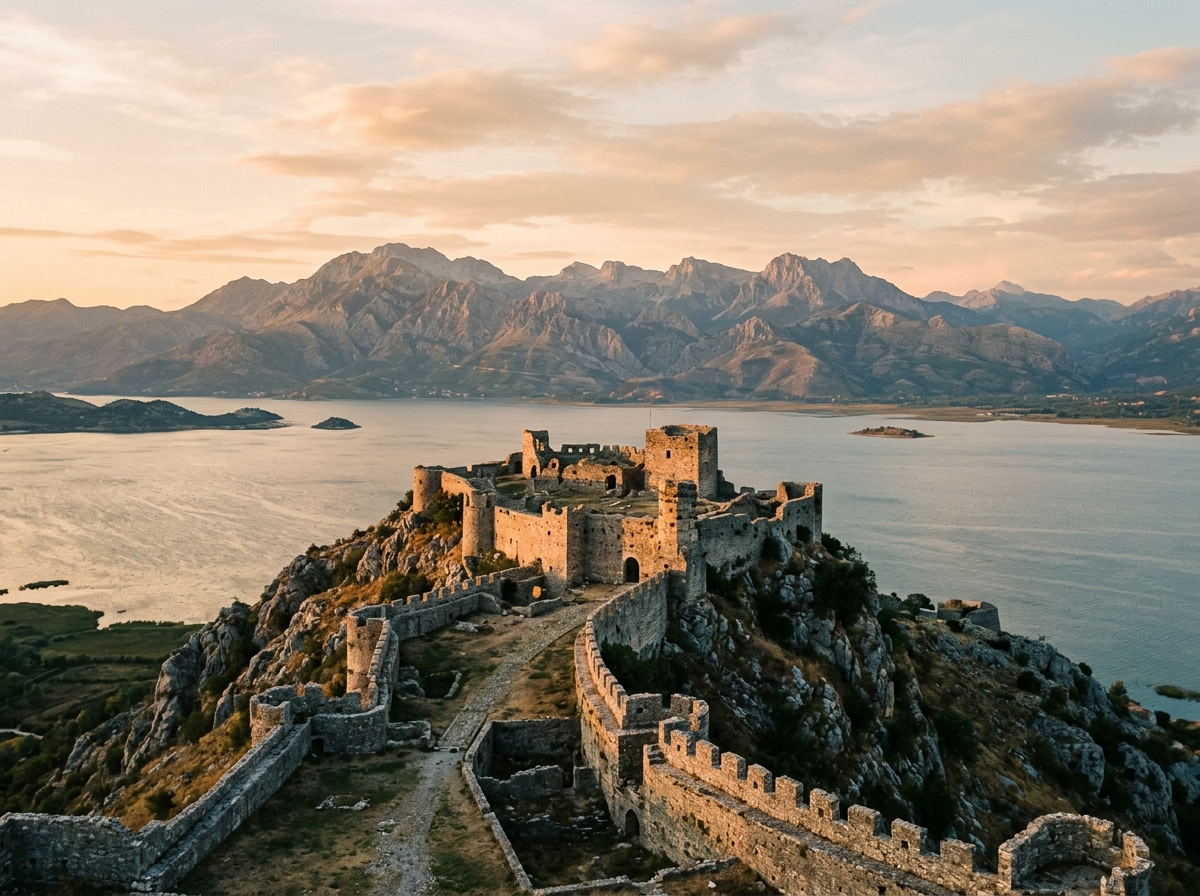 View of Rozafa Castle overlooking Lake Shkoder with mountains in the background, Albania