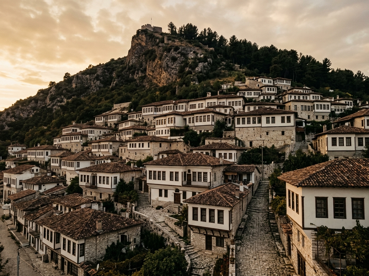 Ottoman houses with white walls and large windows climbing the hillside in Berat, Albania
