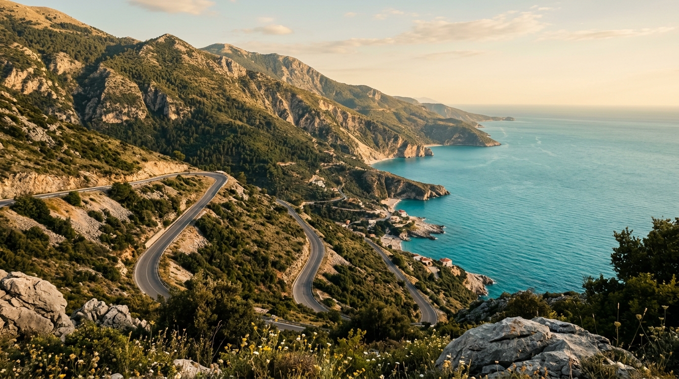 Turquoise Ionian Sea coastline viewed from Llogara Pass with the SH8 road winding below, Albania