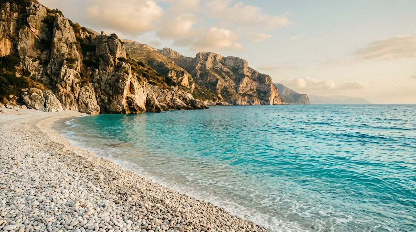 Turquoise water and white pebble beach at Dhermi with limestone cliffs, Albanian Riviera