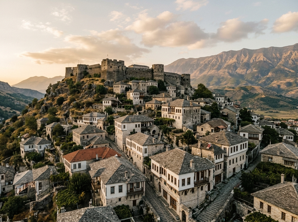 Stone houses and Ottoman tower houses climbing the hillside of Gjirokastra with the fortress above, Albania