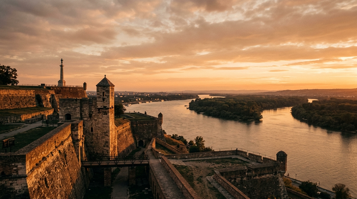 Kalemegdan Fortress at sunset with the Sava and Danube rivers merging in the background, Belgrade