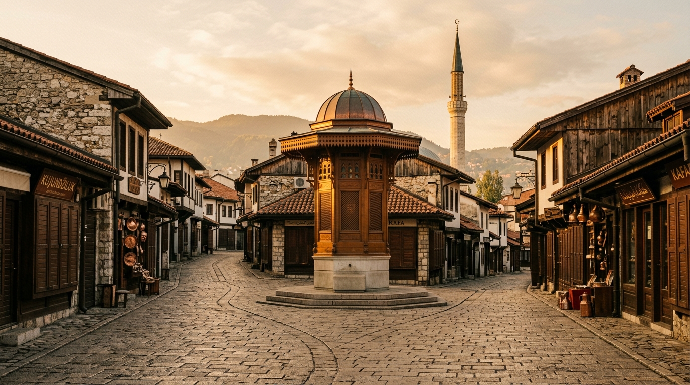 The Bascarsija bazaar with Sebilj fountain and surrounding Ottoman buildings in Sarajevo, Bosnia
