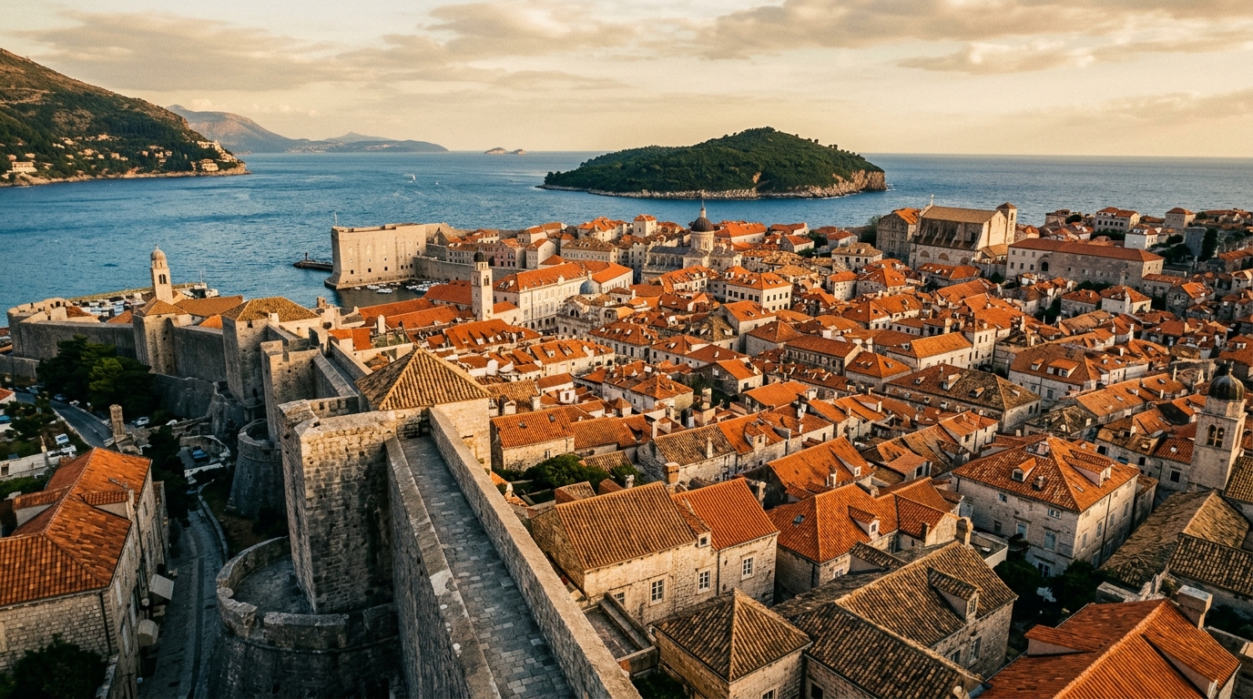 Dubrovnik Old Town viewed from the city walls, with terracotta rooftops and the Adriatic beyond, Croatia