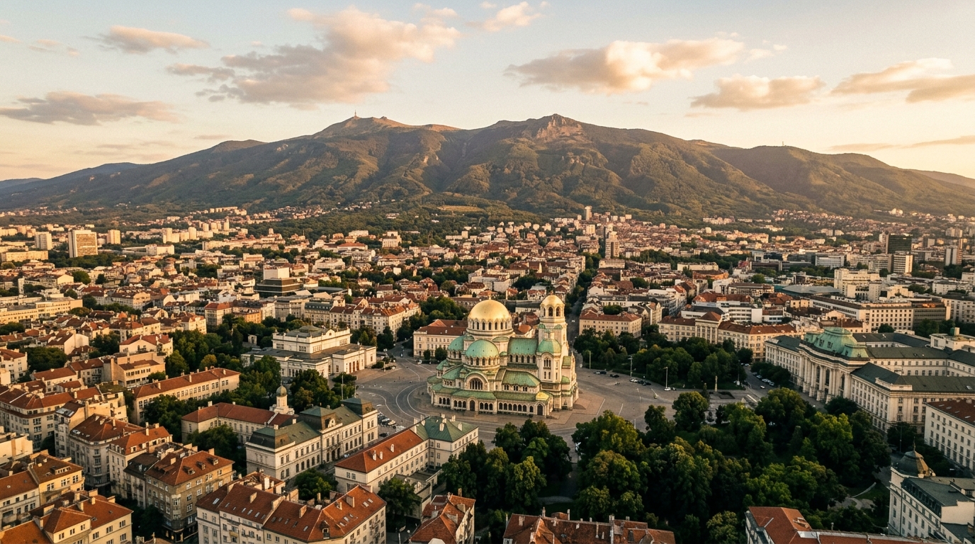 Aerial view of Sofia with Alexander Nevsky Cathedral's golden domes and Vitosha Mountain behind, Bulgaria