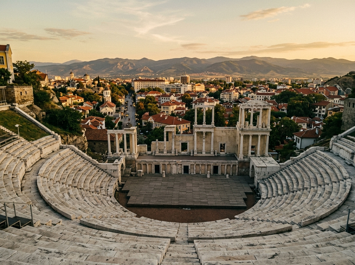 Roman amphitheatre with marble seats overlooking the city of Plovdiv and distant mountains, Bulgaria