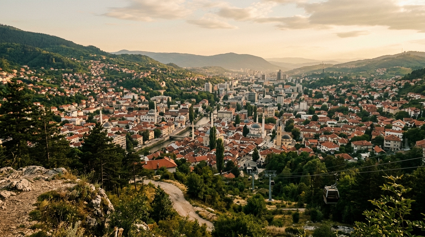 View of Sarajevo from Trebevic Mountain, with minarets, red rooftops and green hills below, Bosnia