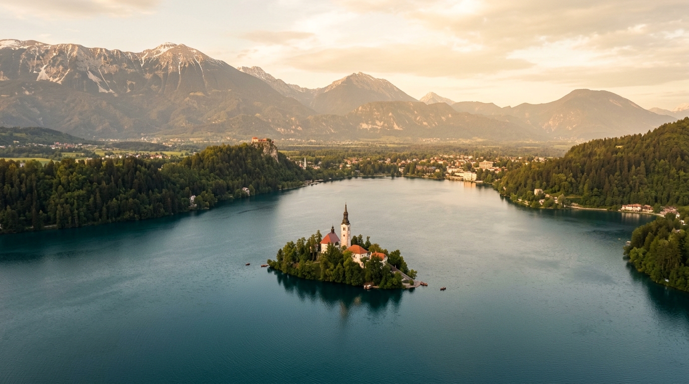 Aerial view of Lake Bled with the island church and Julian Alps in the background, Slovenia