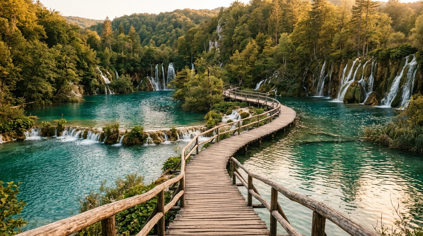 Wooden boardwalk crossing turquoise cascading lakes at Plitvice, Croatia