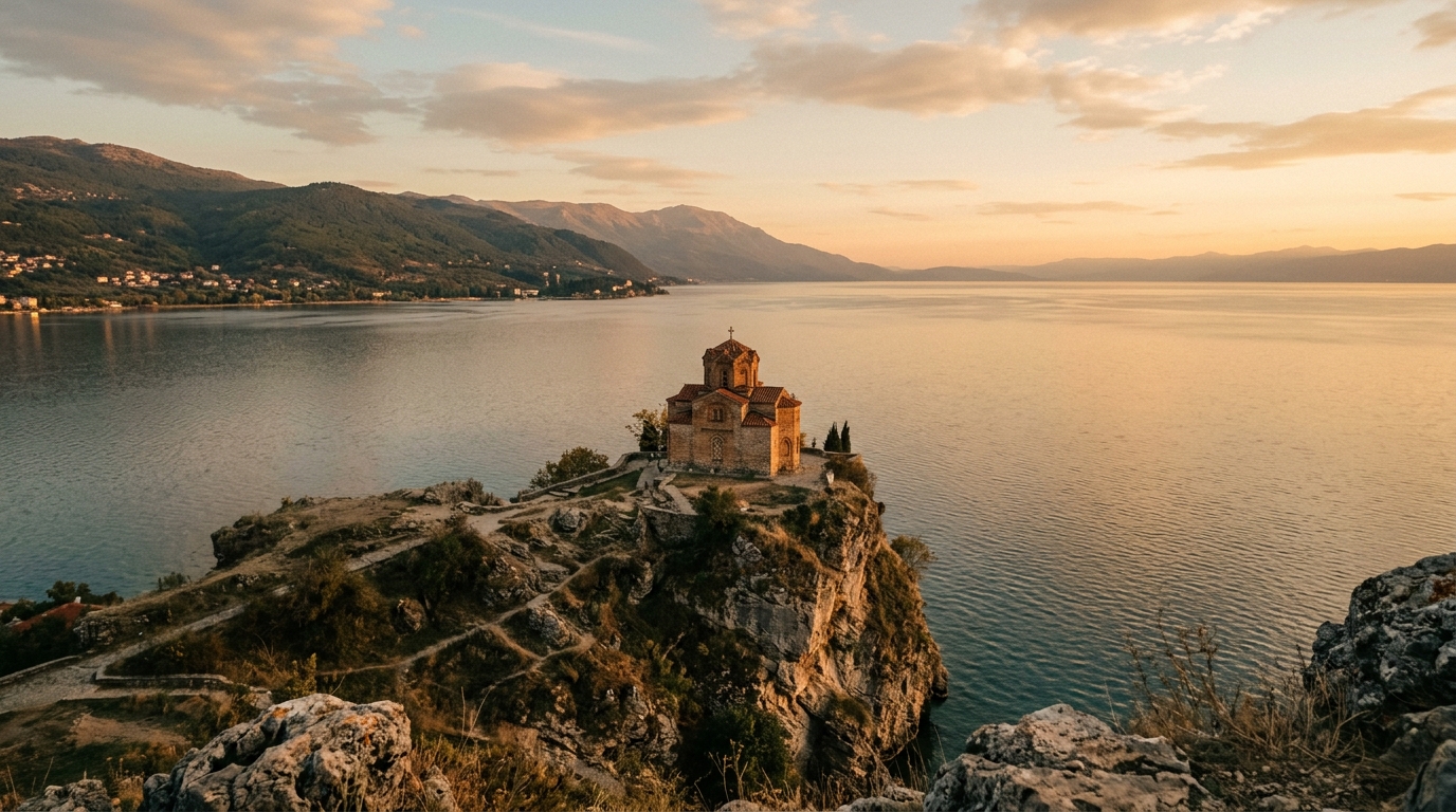 View of Lake Ohrid with St. John at Kaneo church perched on the cliff, North Macedonia