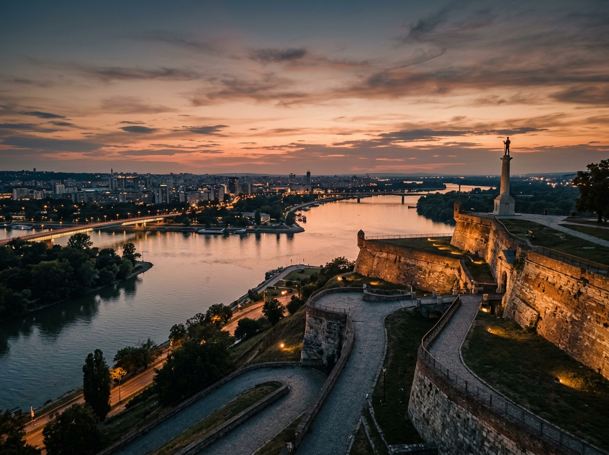 Evening view of Kalemegdan Fortress at the confluence of the Sava and Danube rivers, Belgrade