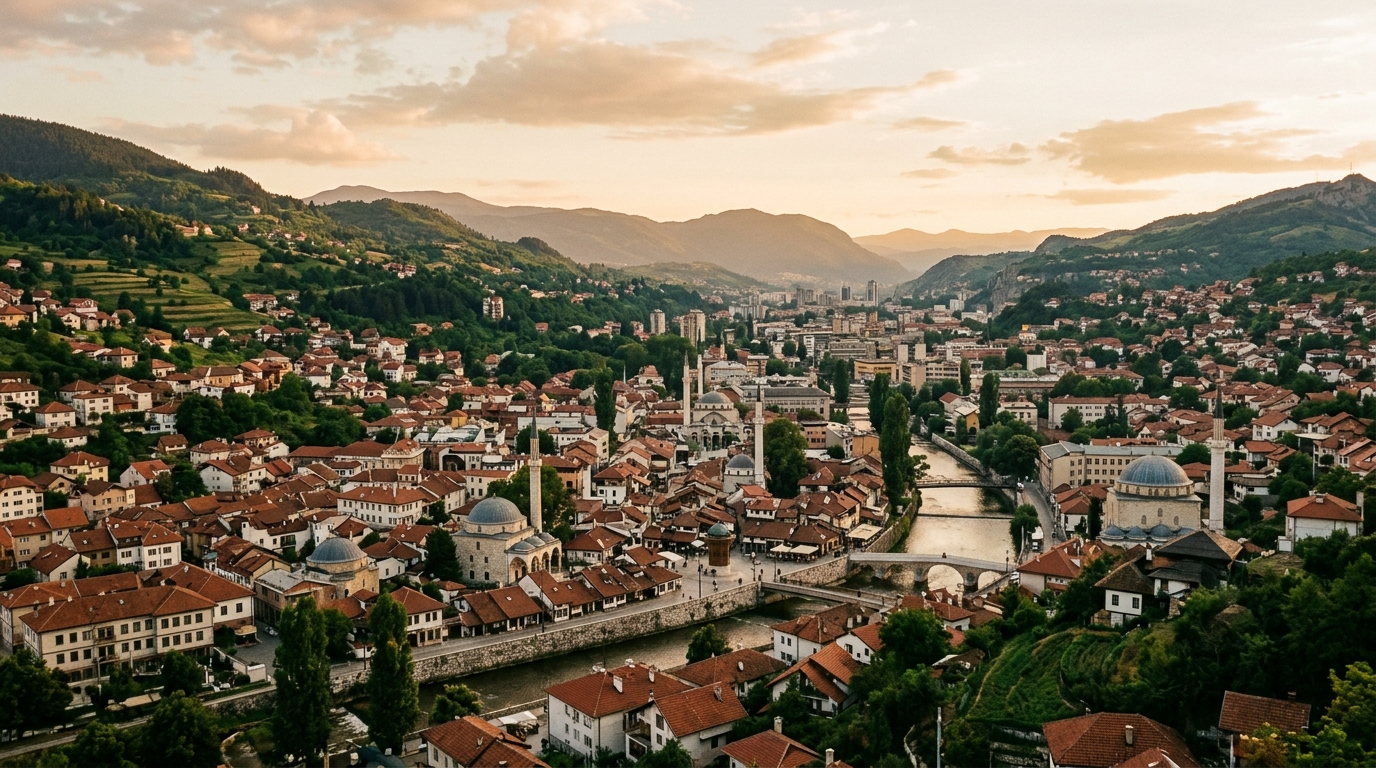 Panoramic view of Sarajevo's Old Town with minarets and red rooftops, surrounded by green hills, Bosnia