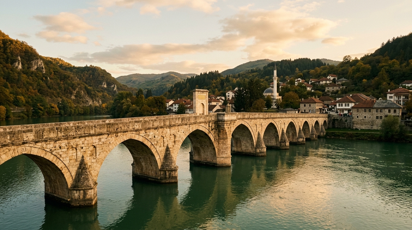 The Mehmed Pasa Sokolovic Bridge spanning the emerald-green Drina River at Visegrad, Bosnia