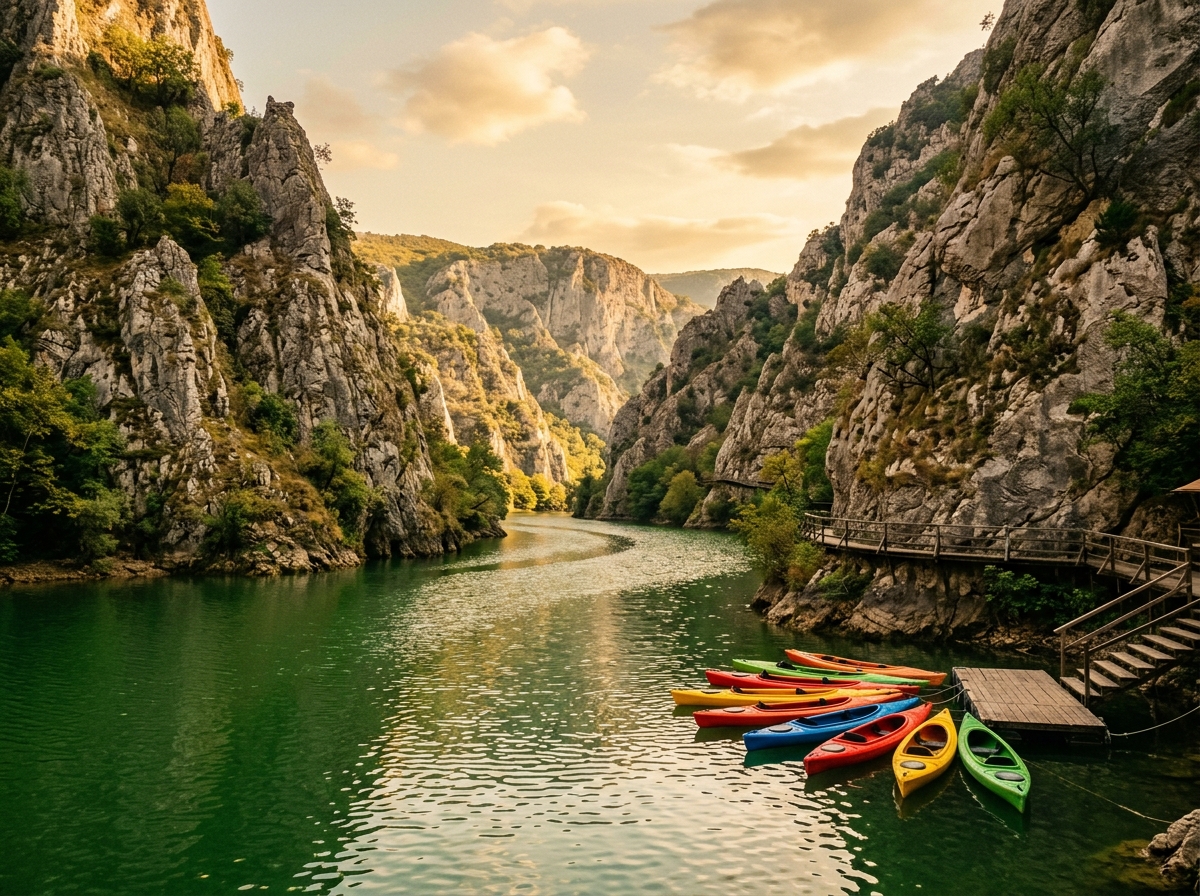 Colorful kayaks on the green water of Matka Canyon with limestone cliffs rising on both sides, North Macedonia