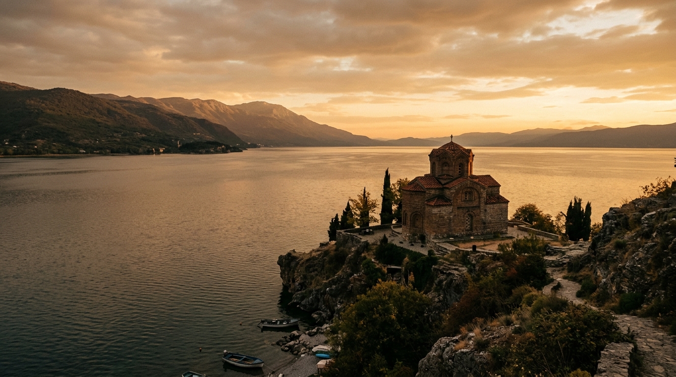 Sunset view of Lake Ohrid with the Church of St. John at Kaneo on its cliff, North Macedonia