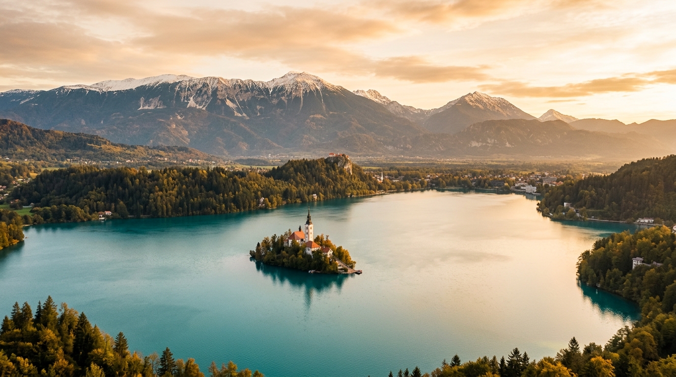 Aerial view of Lake Bled with the island church, Julian Alps rising behind, Slovenia