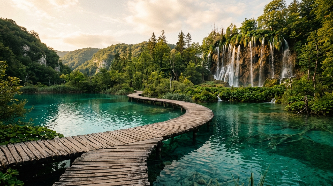 Wooden boardwalk crossing turquoise cascading lakes at Plitvice with waterfalls in the background, Croatia