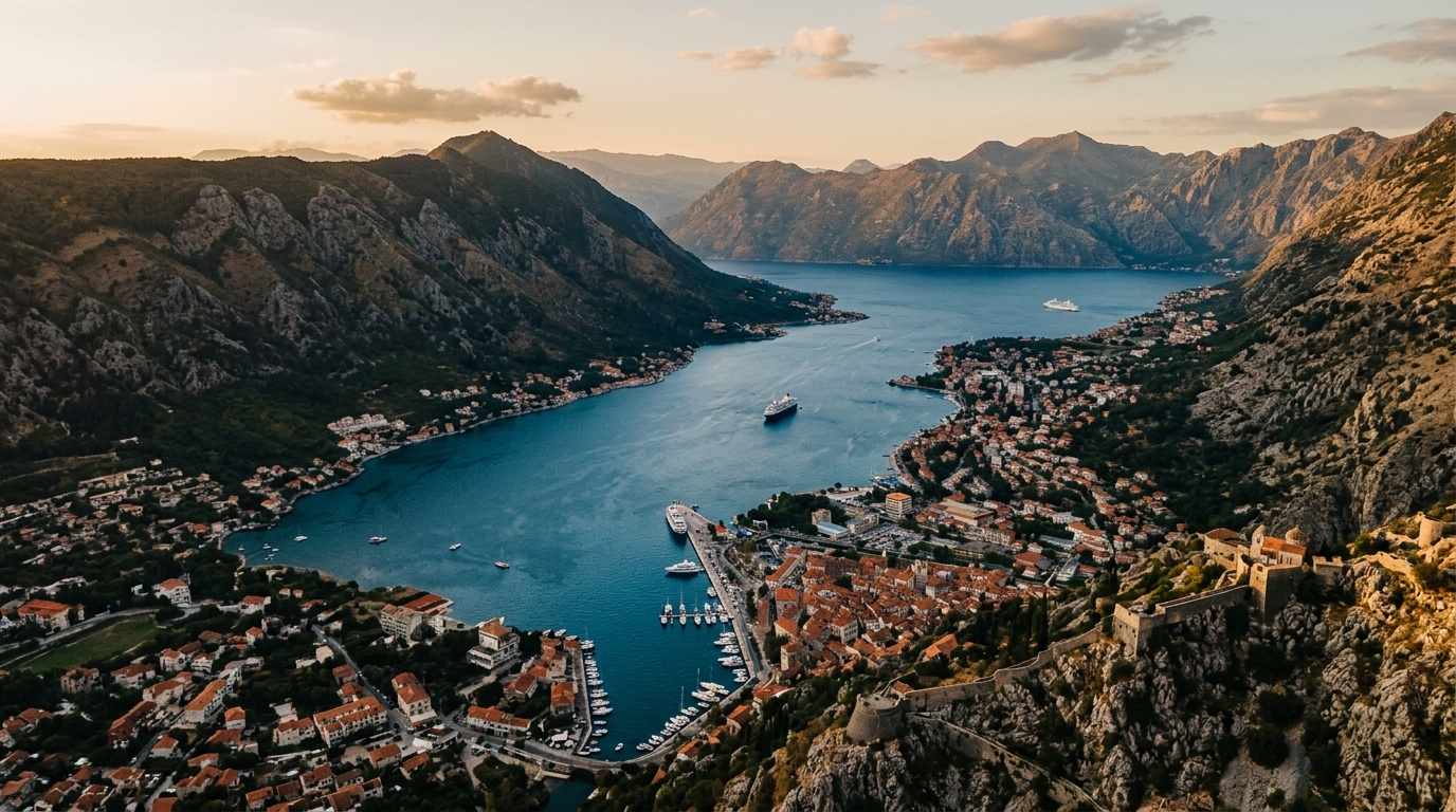 The Bay of Kotor from above, with blue water surrounded by mountains and medieval towns, Montenegro
