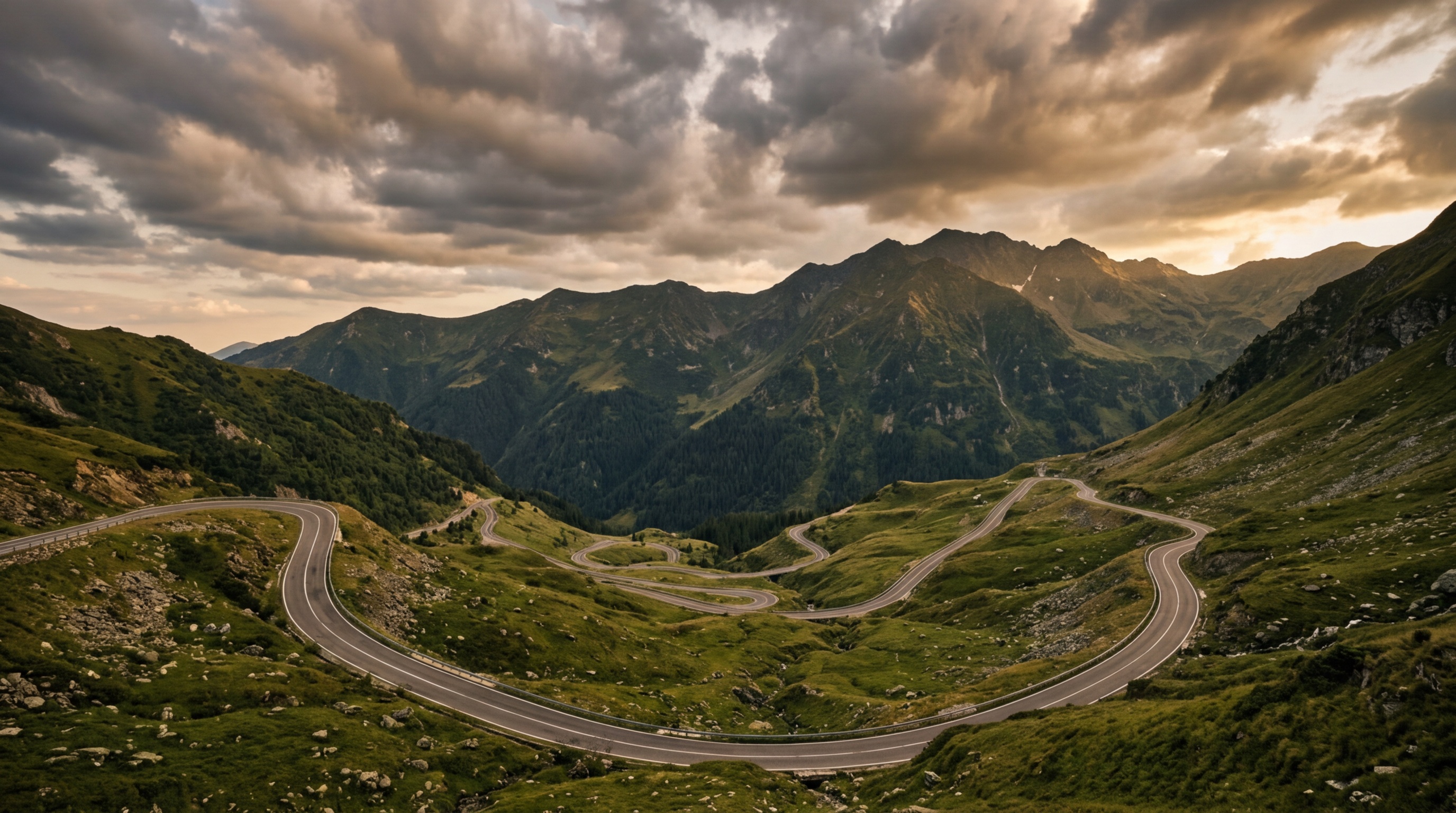 Winding Transfagarasan highway cutting through green Carpathian mountains with dramatic clouds above, Romania