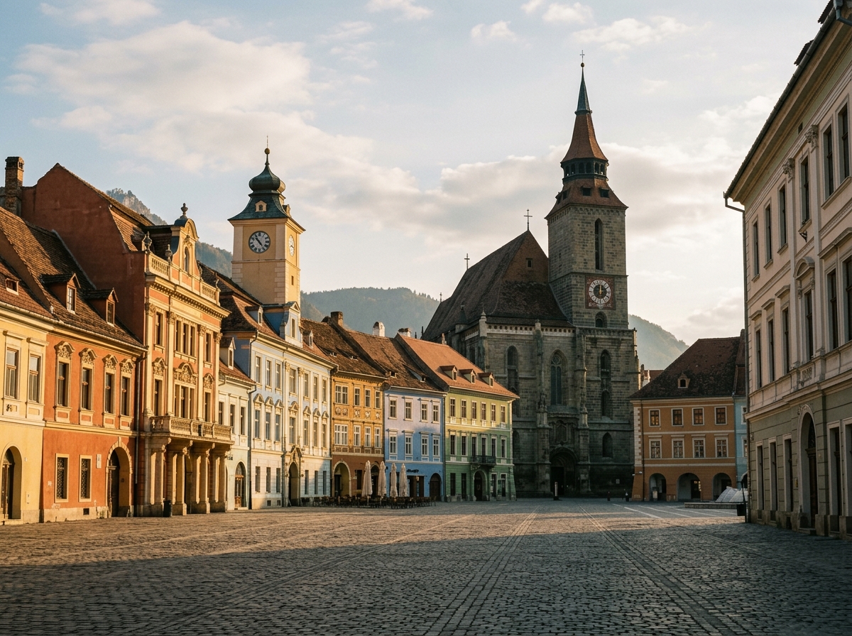 Council Square in Brasov with colorful baroque buildings and the Black Church tower, Romania