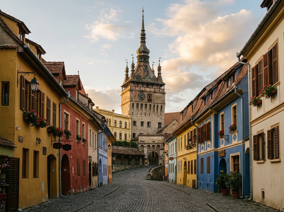 Medieval Clock Tower and colorful houses in Sighisoara citadel, Transylvania, Romania