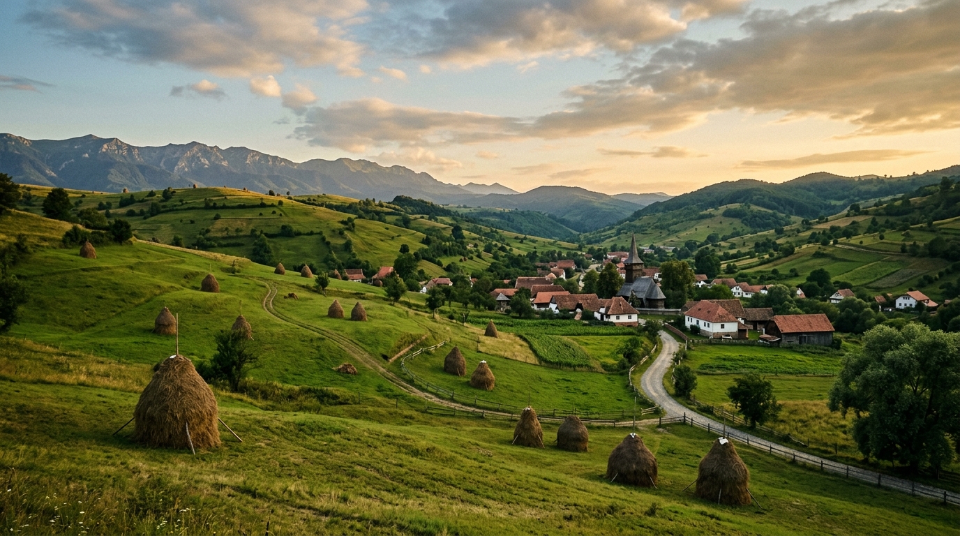 Rolling green hills with hay stacks and a traditional village in the Transylvanian Plateau, Romania